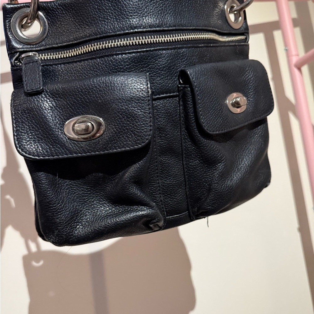 Danier Pebbled Leather Crossbody Turn Lock Grey with Silver Accents